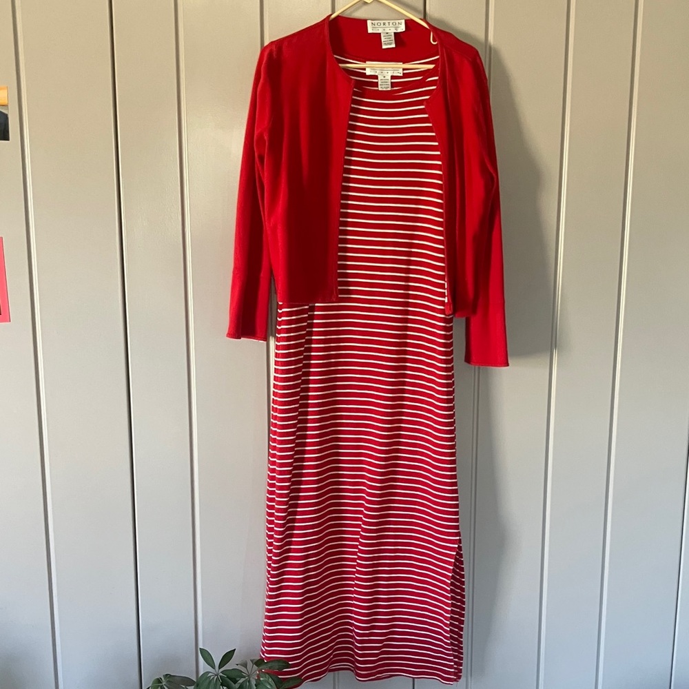 Norton McNaughton Red & White Striped Maxi Dress with Red Cardigan
